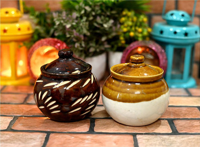 hc the crafts Ceramic Pickle Jar  - 300 ml(Pack of 2, Brown)