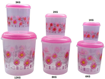 WIBE Plastic Cookie Jar - 10 kg, 7 kg, 5 kg, 3 kg, 2 kg, 1 kg(Pack of 6, Pink)
