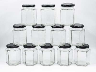 NITYANAVIN Glass Grocery Container  - 350 ml(Pack of 12, White, Black)