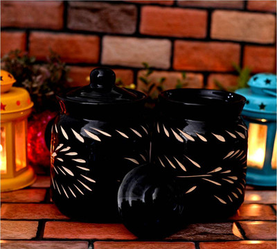 hc the crafts Ceramic Pickle Jar  - 700 ml(Pack of 2, Black)