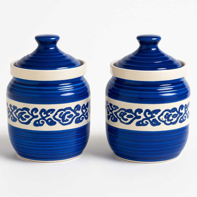 ht heritage craft khurja Ceramic Grocery Container  - 1000 ml(Pack of 2, Blue)