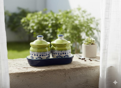 derawrap Ceramic Pickle Jar  - 240 ml(Pack of 2, Green)