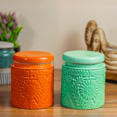 CERAMICTown Ceramic Pickle Jar  - 1000 ml(Pack of 2, Orange, Green)