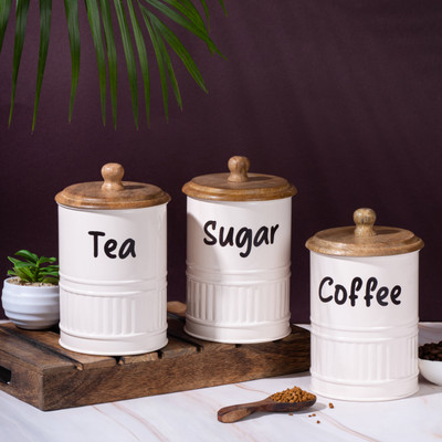 Metallure Iron Tea Coffee & Sugar Container  - 1100 ml(Pack of 3, Off White)