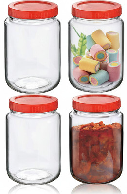 AAnami Glass Pickle Jar  - 1000 ml(Pack of 4, Red)