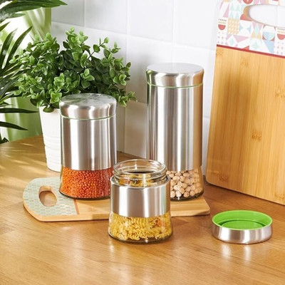 DIKUJI ENTERPRISE Steel, Glass Grocery Container  - 500 ml, 750 ml, 1200 ml(Pack of 3, Silver)