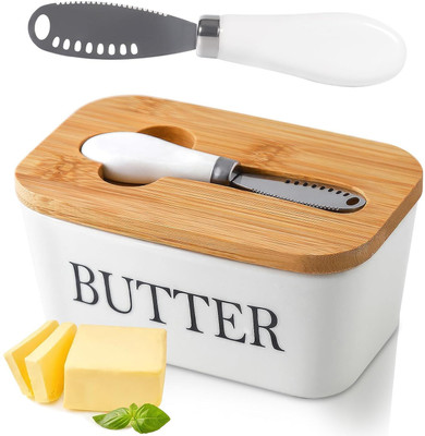 INAMRA'S Ceramic, Wooden Utility Container  - 600 ml(White)