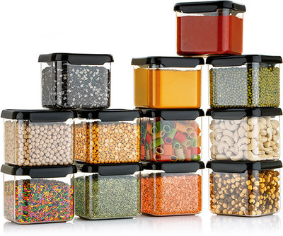 CONQUER Plastic Grocery Container  - 500 ml(Pack of 12, Black, Clear)
