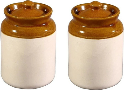 Sueriv Ceramic Pickle Jar  - 1000 ml(Pack of 2, White)