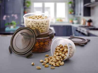 SPACE Plastic Grocery Container  - 2400 ml, 1400 ml, 700 ml(Pack of 3, Light Brown, Clear)