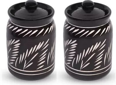 T R Creation Ceramic Pickle Jar  - 1000 ml(Pack of 2, Black)
