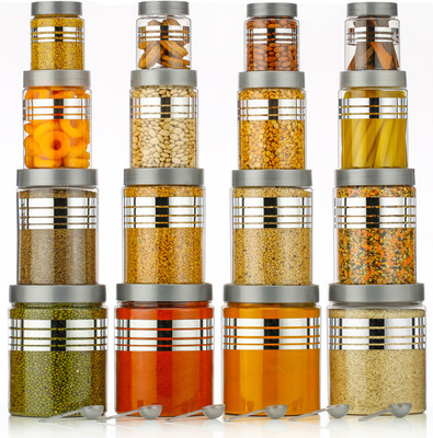 TREEPTI Plastic Grocery Container  - 1200 ml, 650 ml, 350 ml, 250 ml(Pack of 16, Silver)