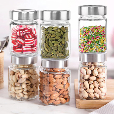 TINSUHG Glass Grocery Container  - 300 ml(Pack of 6, Clear)