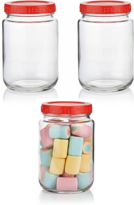 AAnami Glass Pickle Jar  - 1000 ml(Pack of 3, Red)