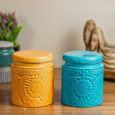 CERAMICTown Ceramic Pickle Jar  - 1000 ml(Pack of 2, Gold, Blue)