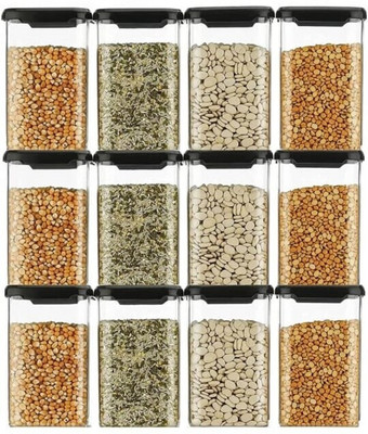koktailkitchen Plastic Grocery Container  - 1100 ml(Pack of 12, Black, Clear)
