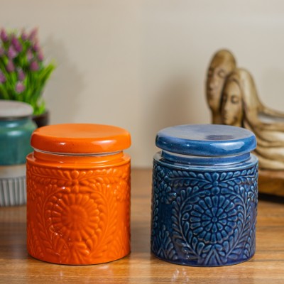 CERAMICTown Ceramic Pickle Jar  - 1000 ml(Pack of 2, Orange, Blue)