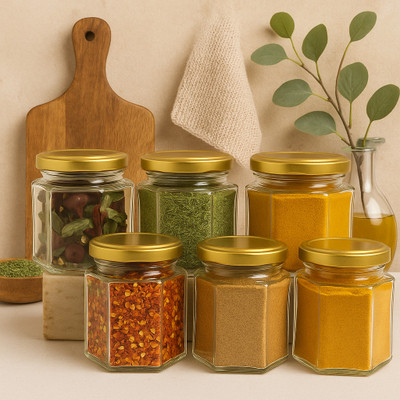 Pure Source India Glass Cookie Jar  - 190 ml(Pack of 6, Clear, Gold)