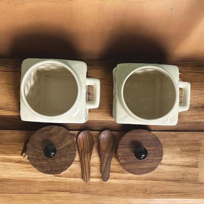 SOULCRAFTZ Ceramic Pickle Jar  - 400 ml(Pack of 2, White)