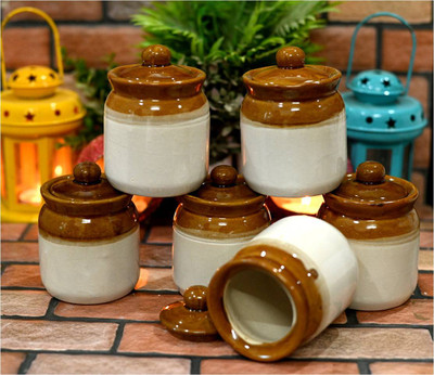 hc the crafts Ceramic Pickle Jar  - 200 ml(Pack of 6, Brown, White)