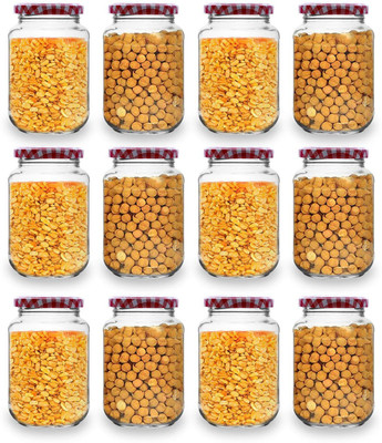 SKWAION Glass Grocery Container  - 500 ml(Pack of 12, Red, White)