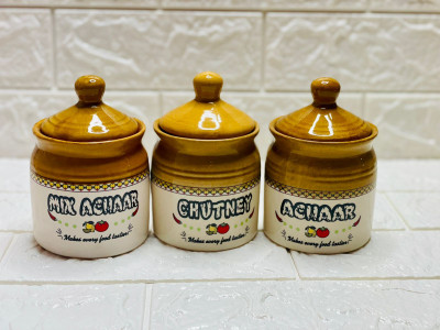 nupur & co Ceramic Pickle Jar  - 350 ml(Pack of 3, Off White, Light Brown)
