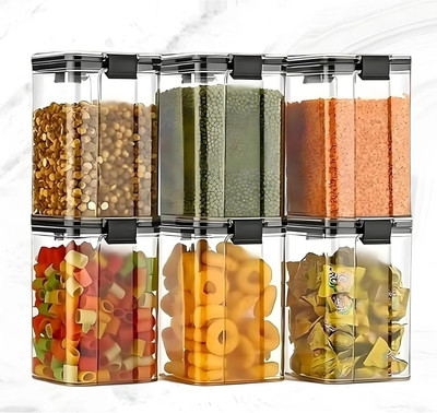 TUWEL Plastic Grocery Container  - 1200 ml(Pack of 6, Clear, Black)