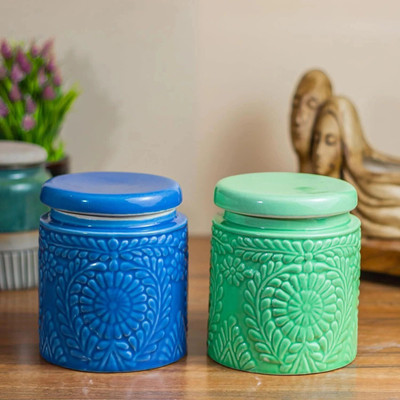 Earthystone Ceramic Pickle Jar  - 1000 ml(Pack of 2, Blue, Green)