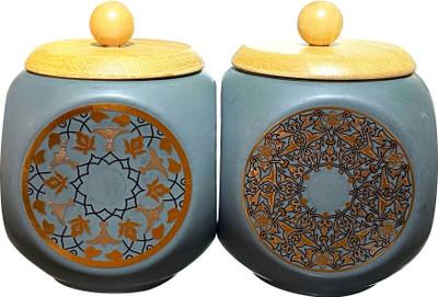Lemon Tree Ceramic Grocery Container  - 1000 ml(Pack of 2, Grey)