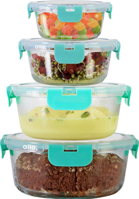 Allo Glass Fridge Container  - 215 ml, 390 ml, 635 ml, 930 ml(Pack of 4, Green)