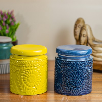 CERAMICTown Ceramic Pickle Jar  - 1000 ml(Pack of 2, Yellow, Blue)