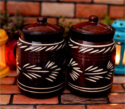 hc the crafts Ceramic Pickle Jar  - 1000 ml(Pack of 2, Brown)