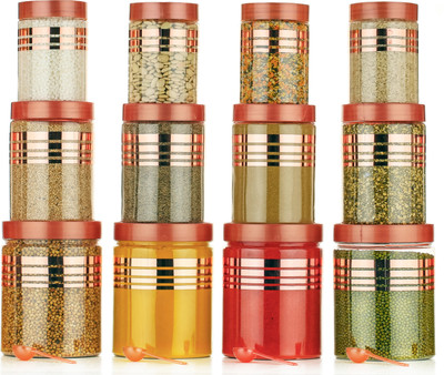 MINAG Plastic Grocery Container  - 1200 ml, 650 ml, 350 ml(Pack of 12, Gold, Red)
