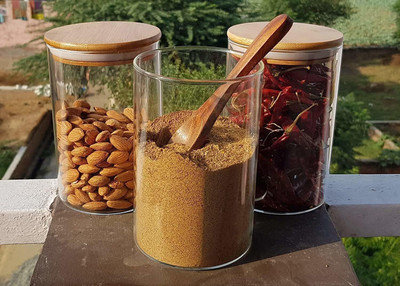 NAVPATH Glass, Wooden Cookie Jar  - 1000 ml(Pack of 3, Clear)
