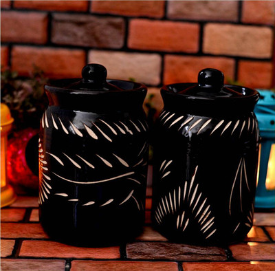 JETWAL Ceramic Pickle Jar  - 1000 ml(Pack of 2, Black)