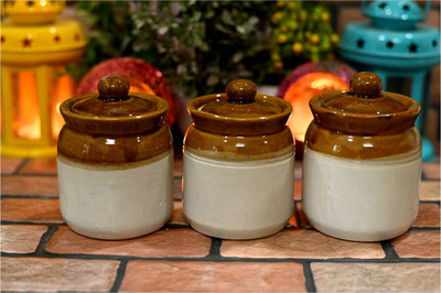 hc the crafts Ceramic Pickle Jar  - 200 ml(Pack of 3, Brown, White)