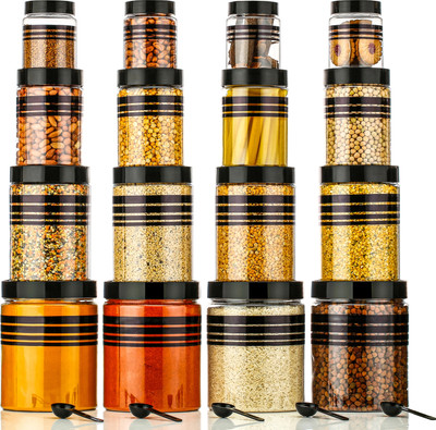 forsel Plastic Grocery Container  - 2000 ml, 1200 ml, 650 ml, 350 ml(Pack of 16, Black)