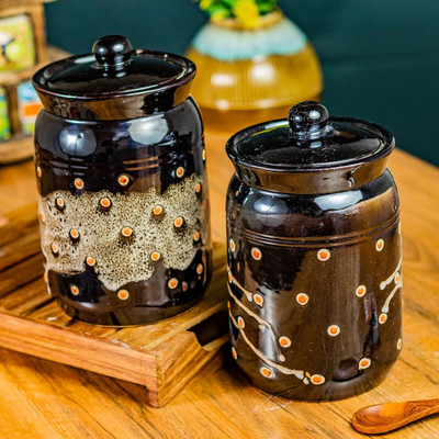 CultureCraft Ceramic Utility Container  - 1000 ml(Pack of 2, Brown)