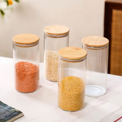 Nestasia Glass Utility Container  - 1500 ml(Pack of 4, Beige)