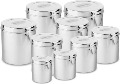 Airsteel Stainless Steel Grocery Container  - 1.2 L, 1.8 L, 2.2 L, 3.2 L, 4 L, 4.6 L, 5.3 L, 6.5 L, 7.5 L(Pack of 9, Silver)