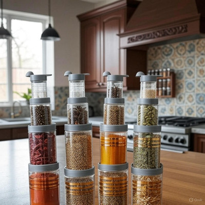 DYK Plastic Cookie Jar  - 1300 ml, 650 ml, 340 ml, 250 ml(Pack of 16, Silver, Transparent)