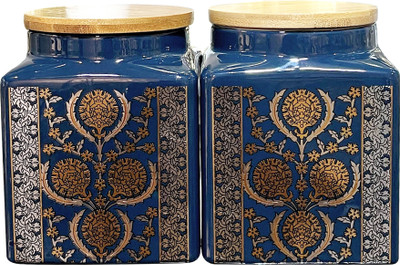 Lemon Tree Ceramic Grocery Container  - 1000 ml(Pack of 2, Blue)