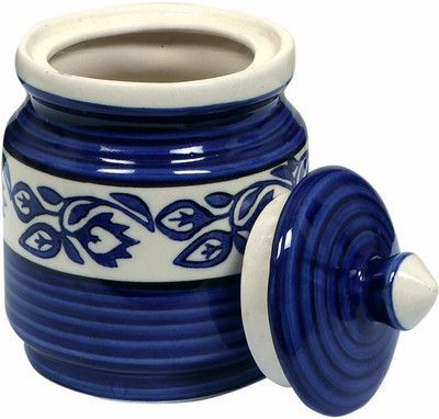 Raj Royal Ceramic Pickle Jar  - 0.75 L(White, Blue)