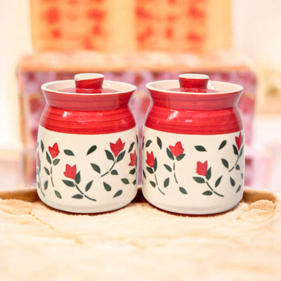 VoiDrop Ceramic Pickle Jar  - 300 ml(Pack of 2, Red)