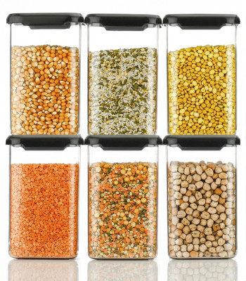 Zubix Plastic Grocery Container  - 1100 ml(Pack of 6, Black)