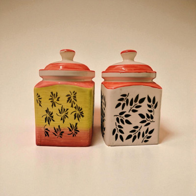 PotteryDarbar Ceramic Pickle Jar  - 1500 ml(Pack of 2, Yellow, White)