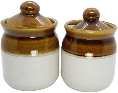 GleamSun Ceramic Pickle Jar  - 200 ml, 200 ml(Pack of 2, Brown, White)