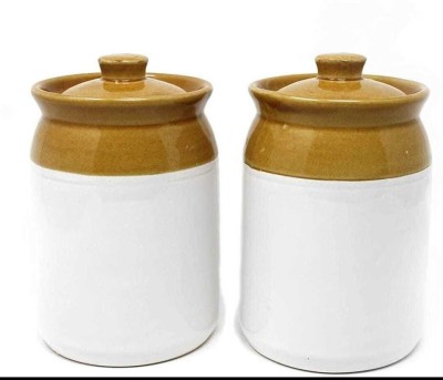 T R Creation Ceramic Grocery Container  - 1000 ml(Pack of 2, Brown, White)