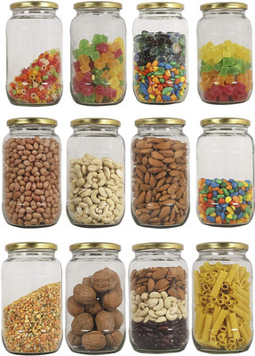 RUTVIHK Glass Grocery Container  - 1000 ml(Pack of 12, Clear, Gold)