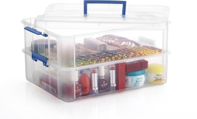ELIGHTWAY MART Plastic Storage Box - 2 Tier Transparent Rectangular Multi Utility Detachable Plastic Storage Box Vanity Box(Blue)